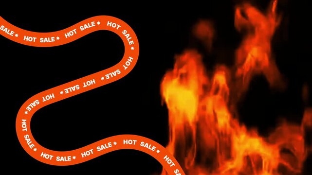 Animated Hot Sale text on orange wavy ribbon with realistic burning fire flames in a seamless loop.