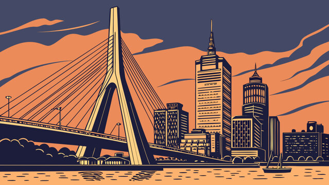 Boston skyline and bridge with city skyscrapers and boats on water. Ideal for travel brochures, city guides, or website banners.