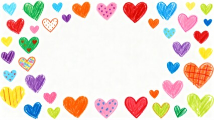 Colorful hand-drawn hearts arranged in a decorative border on a white background with oval-shaped copy space for text 