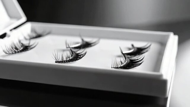 Close up of various false eyelashes in a white case for beauty and makeup application