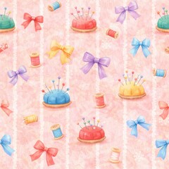 Seamless pastel sewing pattern with pincushions and bows