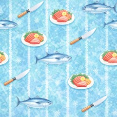 sasimi with fish steaks knives and tuna
