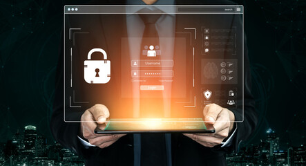 Concept of cybersecurity and data privacy. A secure login interface requires user authentication...