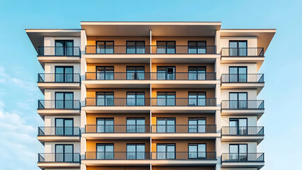 Modern residential building with balconies and clear blue sky in urban setting