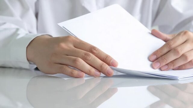 Professional reviewing important documents on a reflective white desk