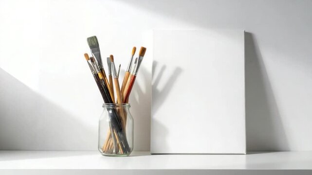 Artistic workspace with paintbrushes and blank canvas ready for creation