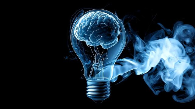 A glowing, brain-shaped structure inside a lightbulb, surrounded by swirling blue smoke