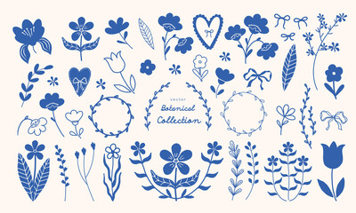 Obraz premium Doodle hand drawn abstract flowers set with whimsical hearts and bows. Monochrome botanical floral elements. Vector blue silhouettes