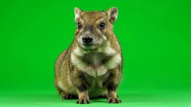 A cute wombat sits patiently on a vibrant green background in a studio setting.
