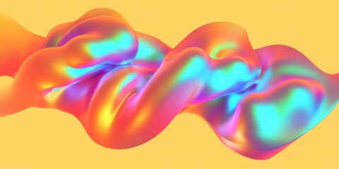 Iridescent colorful abstract fluid wave with gradient shiny vibrant colors flowing in wavy motion on yellow background