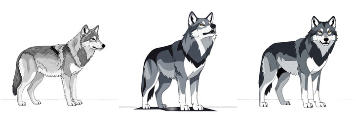 Set of gray wolves standing isolated on white background, wild predator illustration © Ganesha
