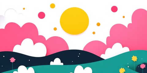 Bright sun with pink clouds and green hills in whimsical abstract landscape background. Cheerful nature scene with playful paper cut shapes and yellow circle sun.