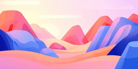 Abstract mountains landscape with colorful gradient hills under sunset sky. Modern creative nature scene using vibrant hues and minimalist shapes.