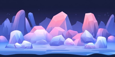 Icy rock background in blue and pink tones with abstract frozen shapes and fantasy mountain forms for creative design scene.