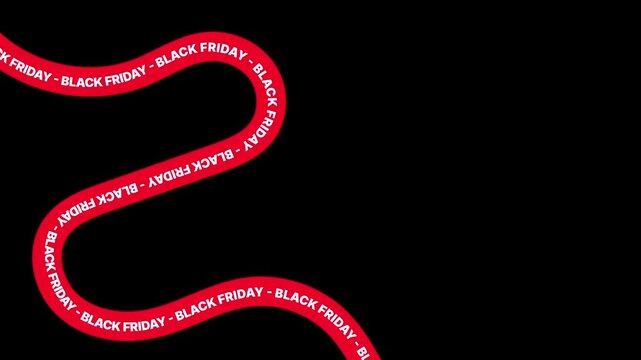 Black Friday text on red moving curved ribbons in a seamless infinite loop for social media ads.