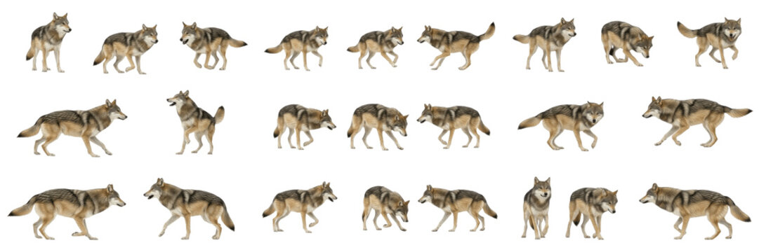 Collection of grey wolves in different poses isolated on white background, set of wild wolf movements and actions