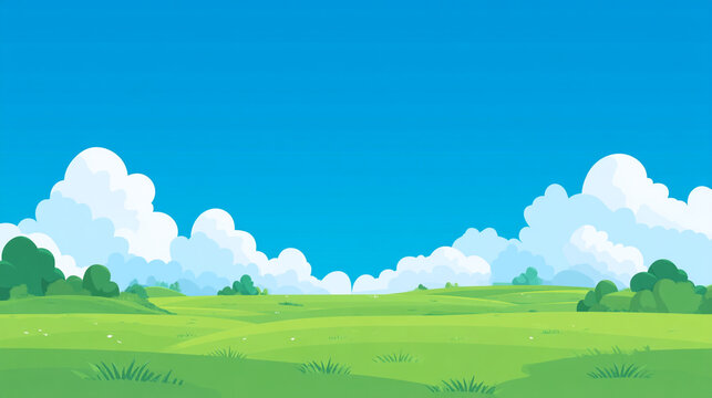 夏の青空と巨大な入道雲と緑の草原の風景イラスト
