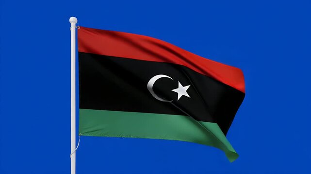 Dynamic Libyan flag waving proudly against a plain blue screen background, celebrating Libyan culture and patriotism, perfect for national events