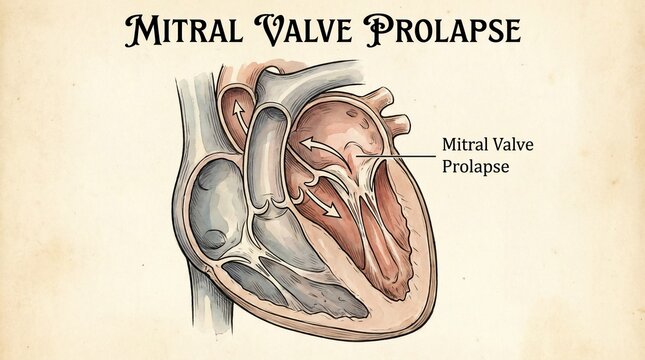 Medical illustration of human heart mitral valve prolapse