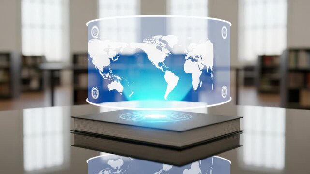 Holographic World Map Projected from Open Book in Library