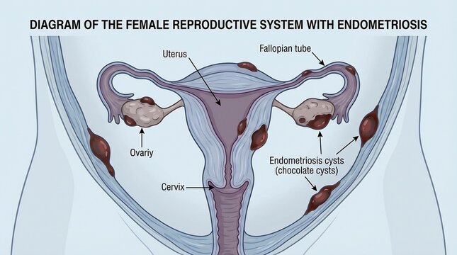 Medical illustration showing endometriosis cysts in female reproductive organs