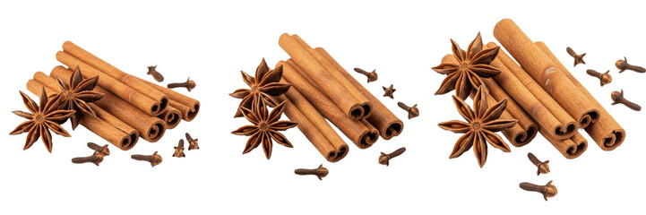 : Traditional Aromatic Spices Collection: Cinnamon Sticks, Star Anise, and Whole Cloves Isolated on...