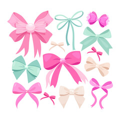 Pastel Ribbon Bows Vector Collection Isolated on White Background, Pink and Mint Decorative Gift Bows Set for Packaging, Wedding, Birthday and Baby Shower Design