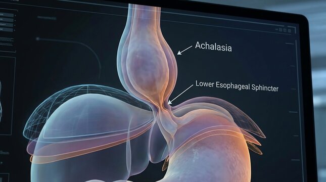 Medical Illustration of Achalasia and Lower Esophageal Sphincter on Screen