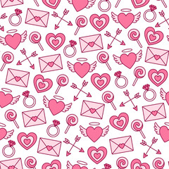 Cute Romantic Seamless Pattern with Love Icons, Hearts, Cupid Arrows and Candy, Pink Line Art Background for Packaging, Textile, Gift Wrap and Wedding Design.