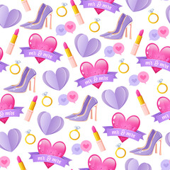 Romantic Seamless Pattern with Love Icons, Hearts, Wedding Rings and Beauty Elements, Valentine and Wedding Background for Packaging, Textile, Gift Wrap and Surface Design.