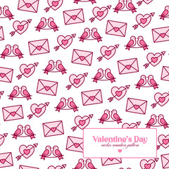 Romantic Seamless Pattern with Love Birds, Heart Envelopes and Cupid Arrows, Valentine Vector Background for Packaging, Textile, Gift Wrap and Greeting Card Design.