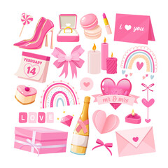 Cute Valentine Icons Set with Hearts, Gifts, Wedding Rings, Champagne and Bows, Pink Pastel Romantic Elements Collection for Cards, Invitations, Packaging and Social Media Design.