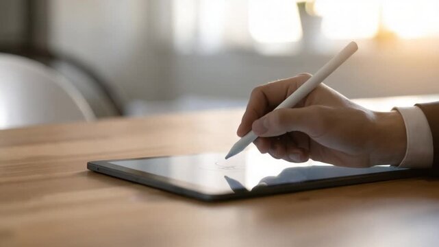 Professional hand using stylus on digital tablet for work or creativity