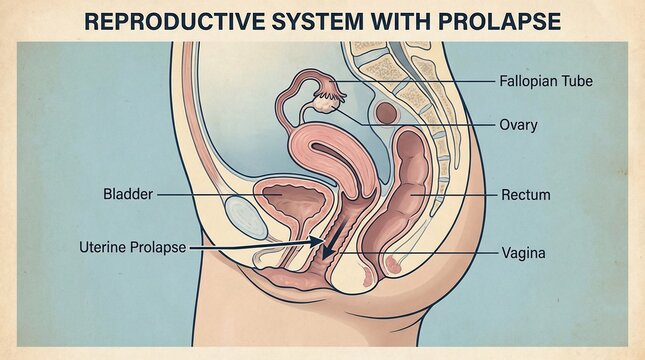 Medical Diagram Showing Female Reproductive System with Uterine Prolapse