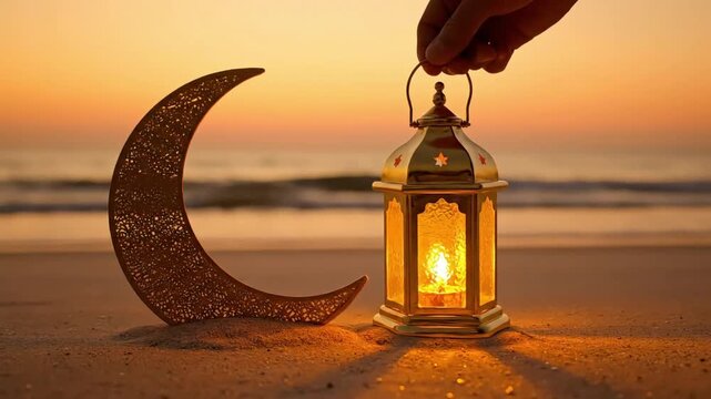 ramadan lantern and crescent moon placed on beach at sunset creating calm spiritual islamic celebration scene