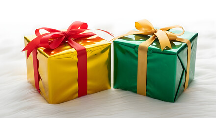 Obraz premium Two wrapped colorful presents sit on soft white.