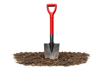 Shovel with red handle digging in soil, preparing ground for gardening, planting, or construction, transparent background