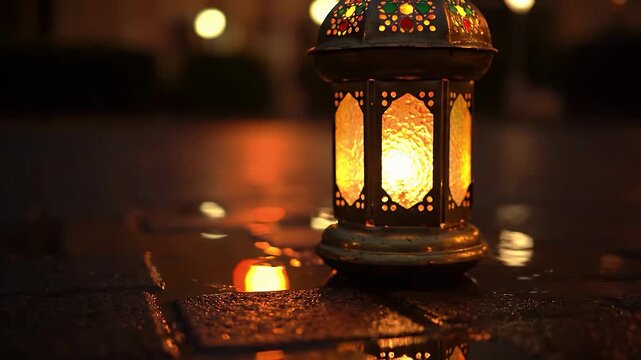 A Ramadan lantern is placed on a reflective glass surface at night. The camera focuses first on the beautiful reflection, then racks focus to the actual glowing lantern.