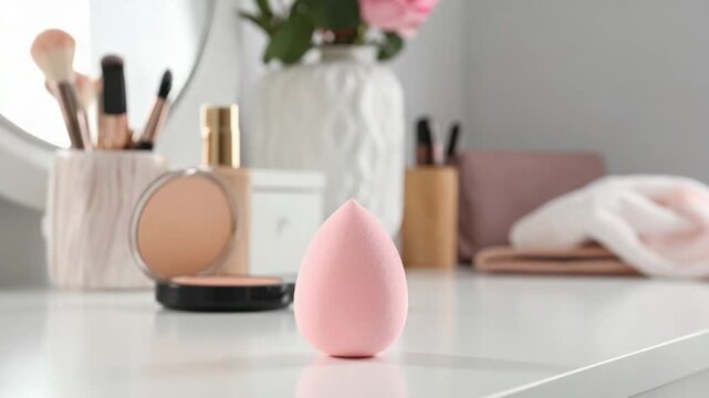 Essential pink makeup sponge on a dressing table with cosmetic products