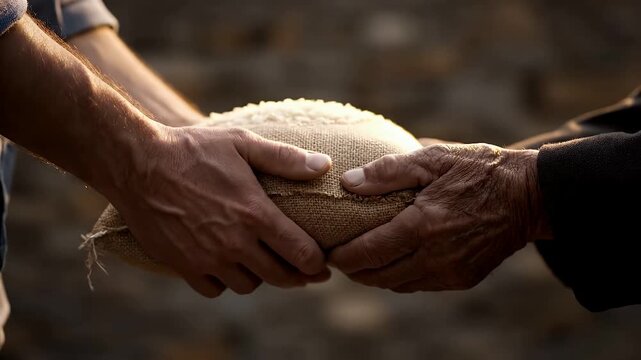 Close-up shot of hands giving a plain sack of rice to another pair of weathered hands against a blurred stone wall, representing charity and giving with warm, natural lighting.