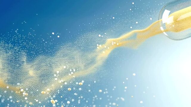 Medical animation showing a transparent pill opening and releasing its contents, a smaller yellow capsule and a cloud of active powder, against a blue and white background for pharmaceutical ads