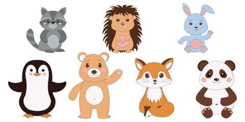 Fototapeta premium Cute animal set, animal toys, fox, bear, hare, penguin, bear, panda, raccoon