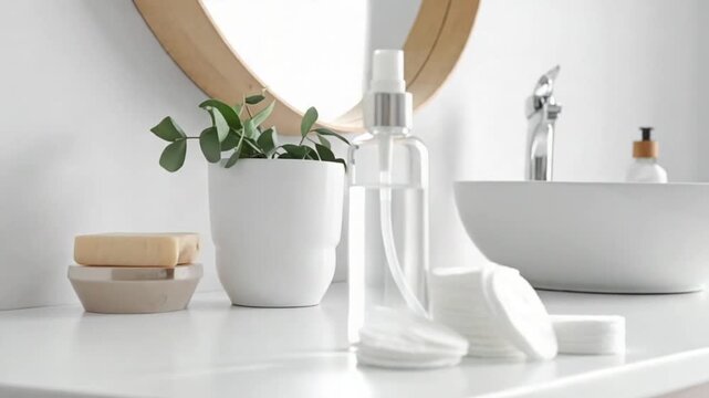 Bathroom vanity with skincare essentials and natural decor