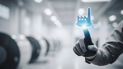 Industrial production concept with a finger touching a factory icon on a blurred industrial background