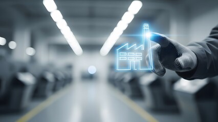 Futuristic hand interacting with a holographic factory icon in a modern industrial setting, symbolizing digital transformation and the future of smart manufacturing and automated production