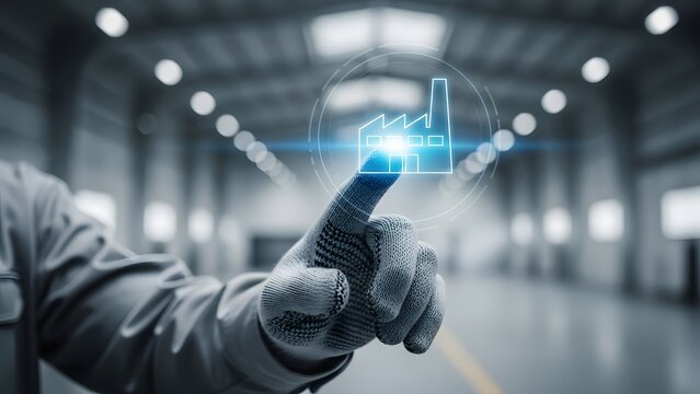 Innovating production Worker pointing at a glowing factory icon, representing advanced industrial technology, digital modernization, and efficiency in a high-tech manufacturing environment - Powered by Adobe