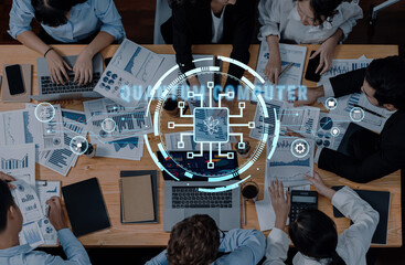 A collaborative business meeting in a modern workspace, showcasing professionals analyzing data, with laptops and digital graphics enhancing productivity and teamwork. Trope