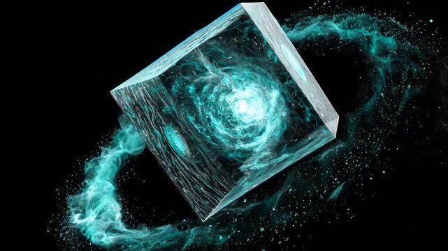 A geometric cube containing swirling teal energy. Emanating energy trails with a swirling vortex core