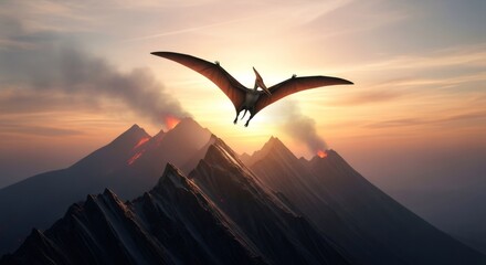 Fototapeta premium Pterosaur flying over active volcanoes at sunset. Prehistoric landscape with pterodactyl. Jurassic period, dinosaur era.