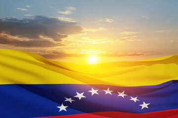 Fototapeta premium Venezuela flag on background of sunset sky. Patriotic concept. Banner with place for text.